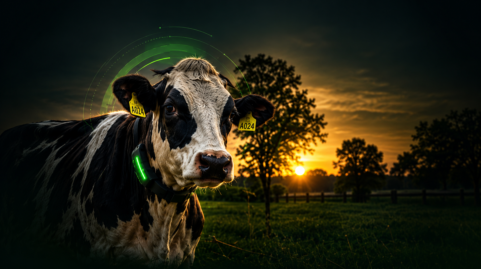 Vaca holandesa preta e branca com brinco amarelo A024 e coleira AGROSENSE iluminada em verde, em um campo ao pôr do sol.