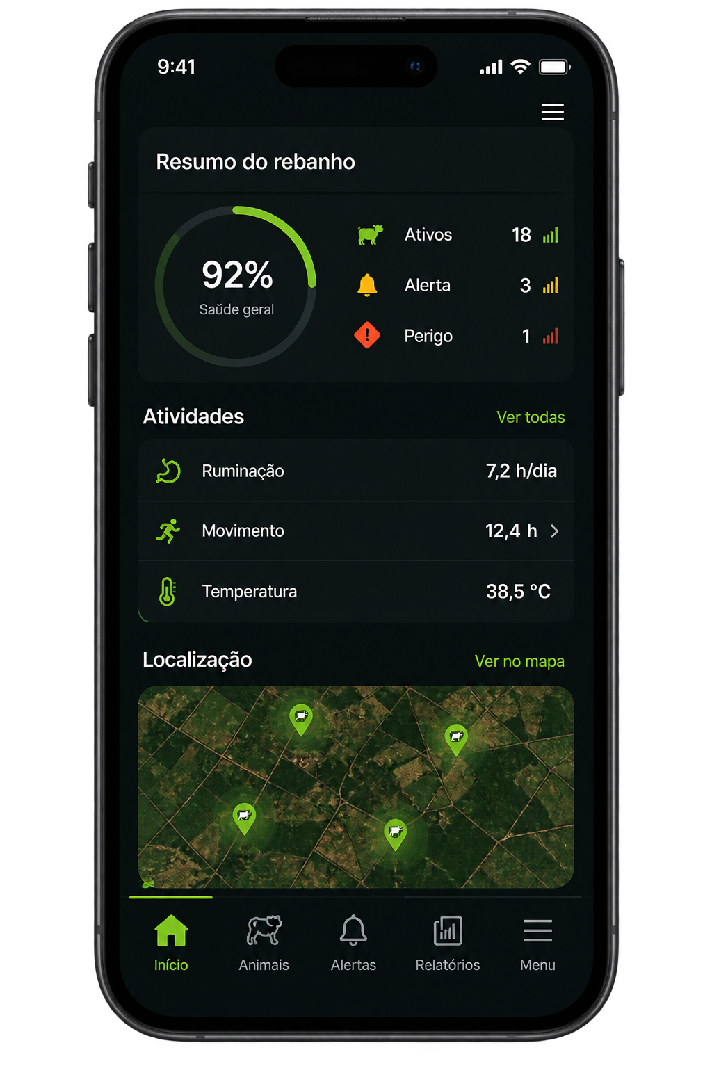 Aplicativo AGROSENSE mostrando os dados do rebanho em tempo real